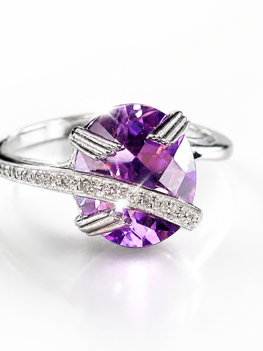Purple Amethyst Cocktail Ring Size 7 | White Gold Over Sterling Silver | Stateme